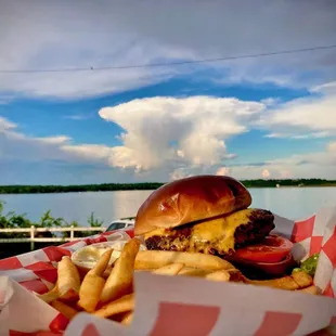 a cheeseburger and fries