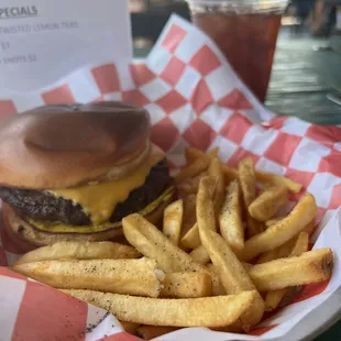 Burger, fries and ice tea