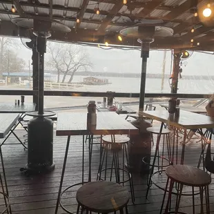 View from inside of back patio and lake. Patio sealed with plastic for cooler weather but still great place/view.