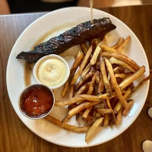 Steak and fries- this was a wild cut of steak, I can&apos;t remember what it was called. it looks small in the picture but it was huge!