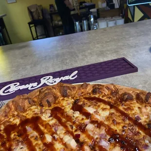 a close up view of a pizza