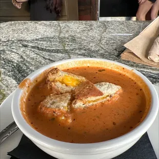 This is delicious tomato bisque with grilled cheese croutons. This also is very very good.