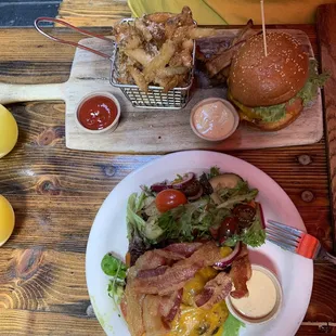 Hangover Burger (top: bacon on the side w/ Parmesan Truffle Fries; bottom: no bun w/ Side Salad)