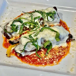 Portobello Skin Shrimp Enchiladas with quattro formaggi Alfredo