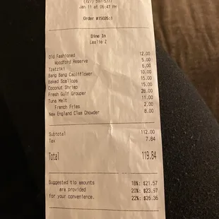 the receipt for the restaurant
