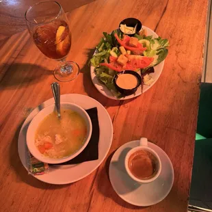 Chicken and rice soup, house salad!