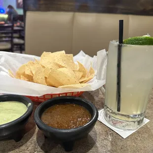 Chips, salsas, and regular house marg; rocks, no salt.