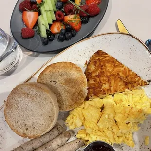 "The Classic" w/ scrambled eggs, chicken apple sausage, and lovely side of delicious fruit.