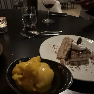 Dessert! Mango sorbet and a chocolate cake