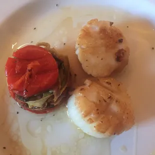 Scallopine e Terrane di Verdure Arrostite: seared scallops with a terrine of roasted vegetables