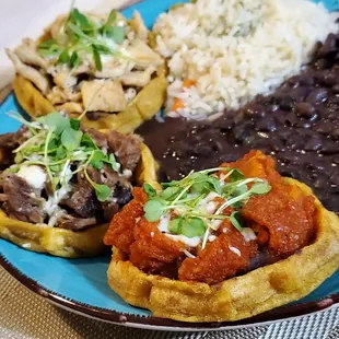 Sopes Dinner- back to front: Chicken, Carnitas, Chicharron