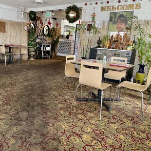 tables and chairs in a restaurant