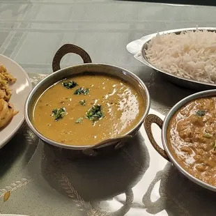 Shrimp chauchau, yellow lental daal, bangan bharta, basmati rice