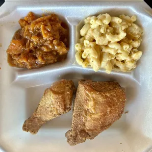 Fried chicken with Mac &amp; cheese and candied yams