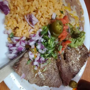 Carne asada plate! It also comes with tortillas and salas! I rate it 9.0/10