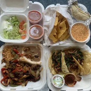 Fajitas, 3 tacos, chips and sides.