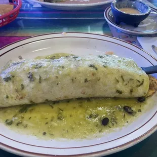 Gordo burrito with grilled chicken, topped with salsa verde (if you like spicy, be sure to ask for it this way!)