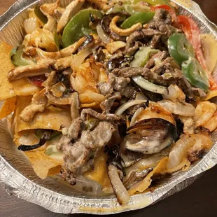 Tres Nachos with Chicken , Shrimp and Steak