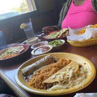 Quesadilla with rice, enchilada &amp;Taco with rice, Tacos with Rice, guacamole dip, jalapeño cheese dip &amp; tortilla chips. Some good eatin!!!