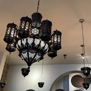 a chandelier hanging from the ceiling