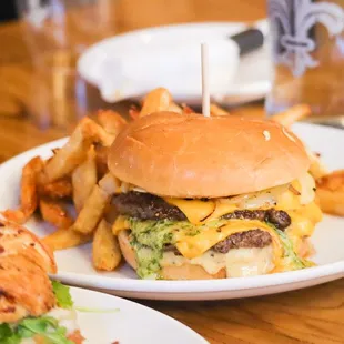 a cheeseburger and fries