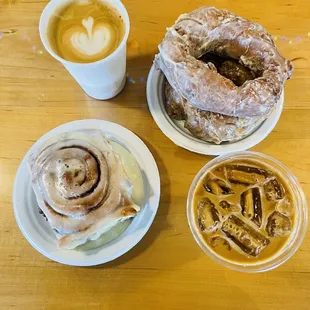 Latte, Klassic Doughnuts, Cinnamon Roll from Heritage Bake Shoppe and Iced Coffee