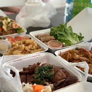 Chow mein, fried squid, soft shell crab, egg rolls and duck! Delicious as usual, highly recommend.