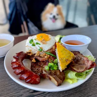 Com Tâm Suòn Bi Chá: Broken Rice w/ pork chop, shredded pork skin, egg cake | $16 (+$1.5 egg, +$2.75 Chinese sausage)