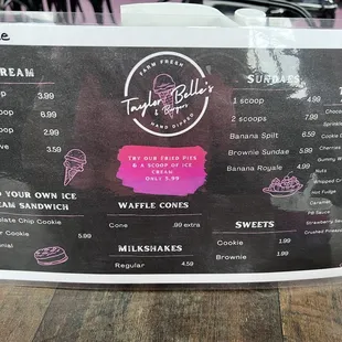 Ice cream menu