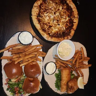 BBQ chicken pizza, traditional sliders with fries, fish &amp; chips