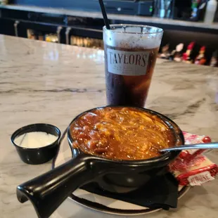 Taylor's Chili -  made fresh in-house &amp; delicious! $1.50 to add cheese; $0.85 to add sour cream??  :(