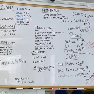 a menu on a whiteboard