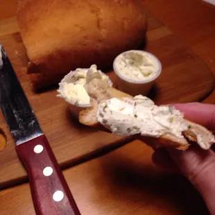 Yummy warm bread with reg butter and roasted garlic butter!!!