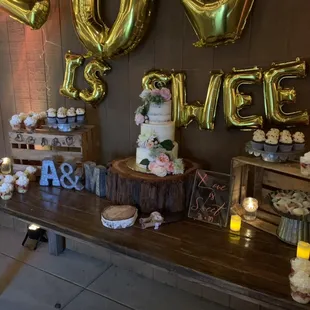 Sweets table with fresh flower wedding cake (i did the flowers)