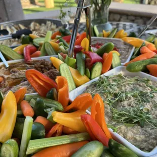 Stationary appetizer platter of veggies and dips