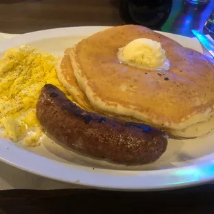 Hot cakes sausage and eggs.