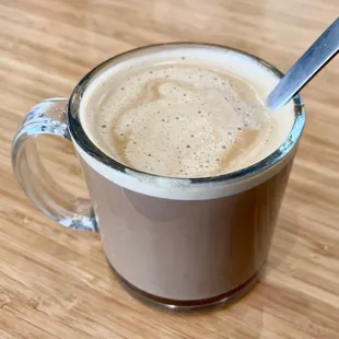 Mocha coffee AFTER stirring. Glass/plastic cup. Handle never got hot while cup stayed hot. Very nice! Delicious!