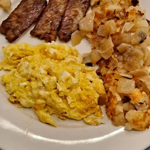 Home fries, cheese  eggs, pork sausage