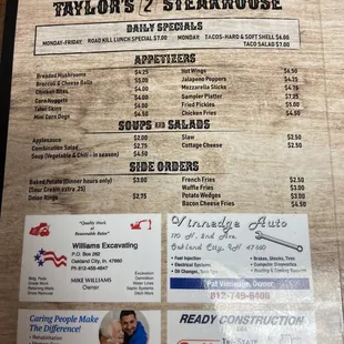 the menu for taylor's steakhouse