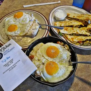 a pan of eggs and quesadillas