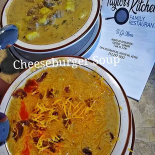 two bowls of soup on a table