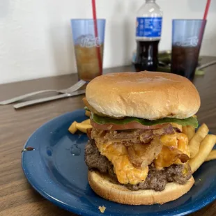 a cheeseburger and fries