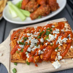 Buffalo chicken flatbread and Buffalo bone-in wings