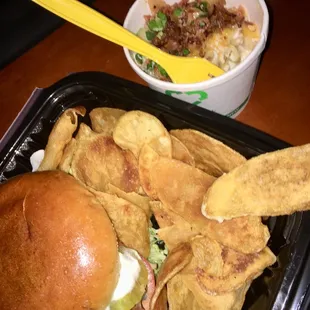 Breaded Tenderloin, house made chips and pulled pork mac n cheese.