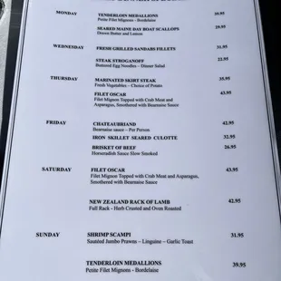 Menu: Daily Dinner Specials (March 2024)