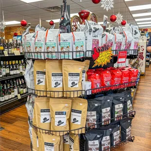 a display of wine and coffee bags