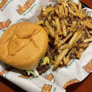 Single cheeseburger and pepper fries