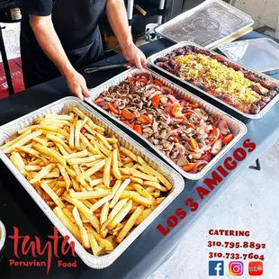 Los 3 amigos catering. Lomo saltado, fries, fried rice.