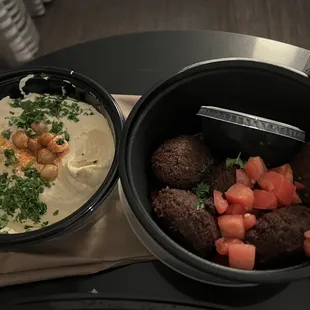 Hummus on the left and falafels on the right