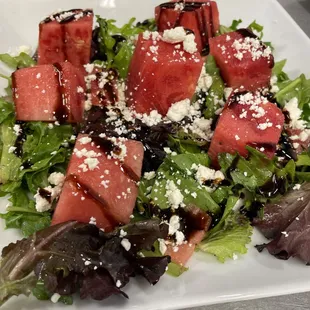 Watermelon salad with feta and balsamic house dressing